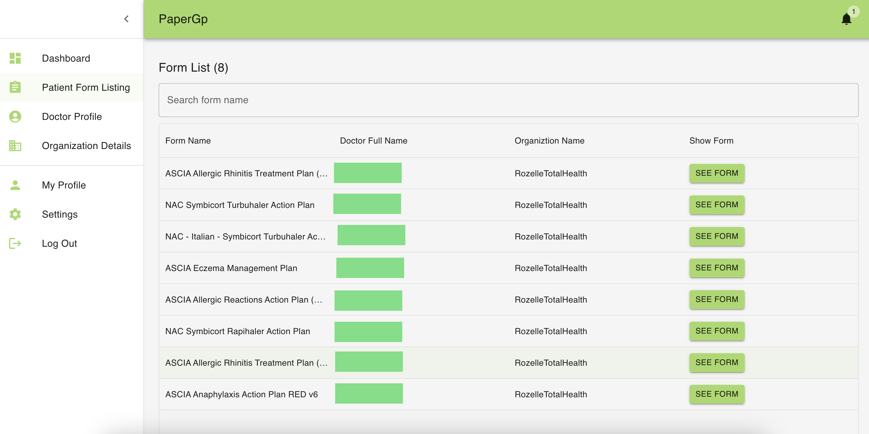 Patient form listing