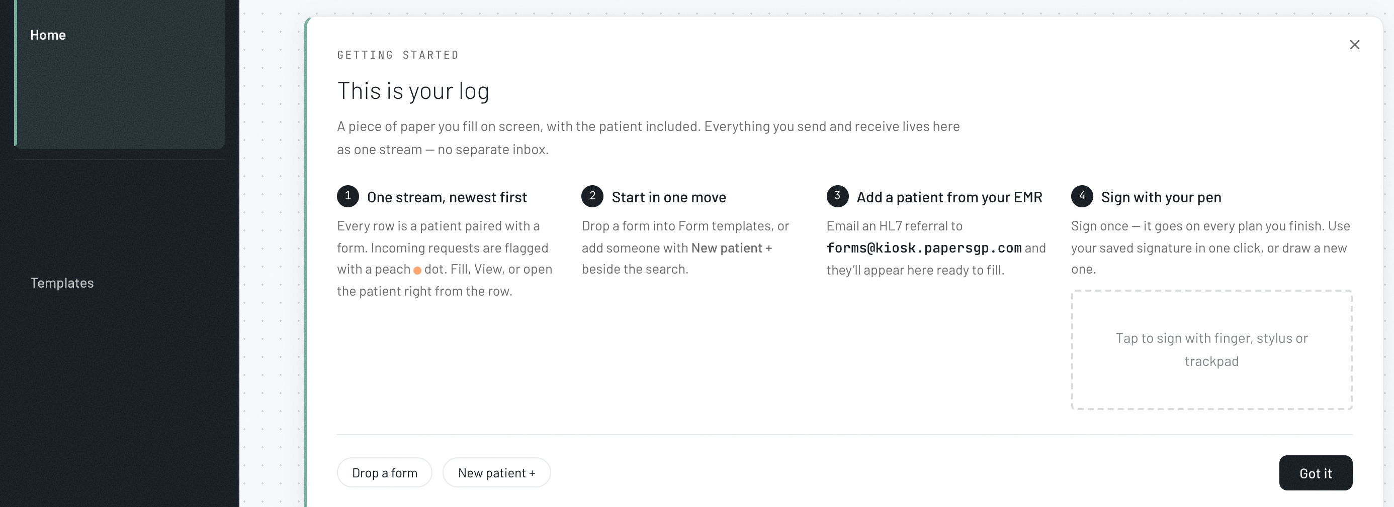 The Home log with the getting-started card, New patient + and the EMR-referral inbox